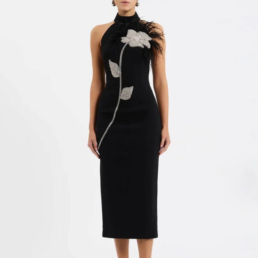 Camille | Robe Midi Sans Dos Plumes Tendance Élégant