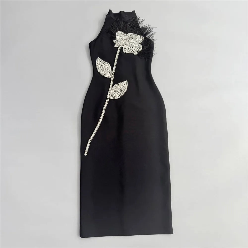 Camille | Robe Midi Sans Dos Plumes Tendance Élégant