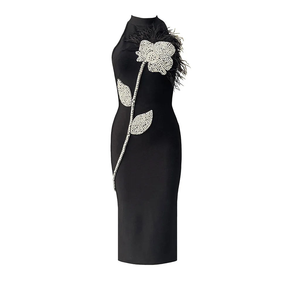 Camille | Robe Midi Sans Dos Plumes Tendance Élégant
