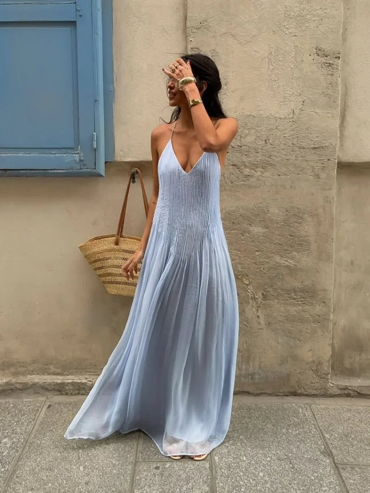 Clara | Robe Maxi Spaghetti Plissée Fluide Élégante