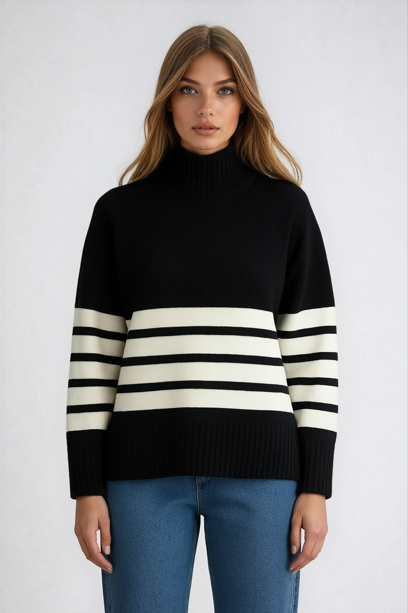 Camille | Pull à Col Montant Rayé Tendance Élégant