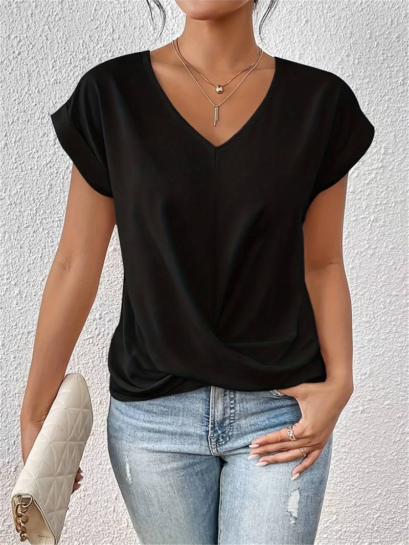 Agathe - Top Fluide Col V Drapé Femme – Noir