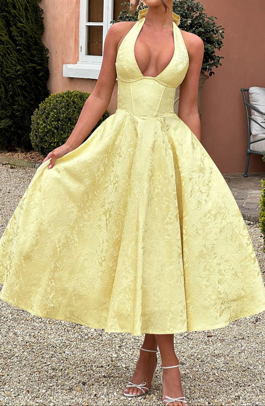 Triana | Robe Midi de Mariage Jaune Tendance Élégante