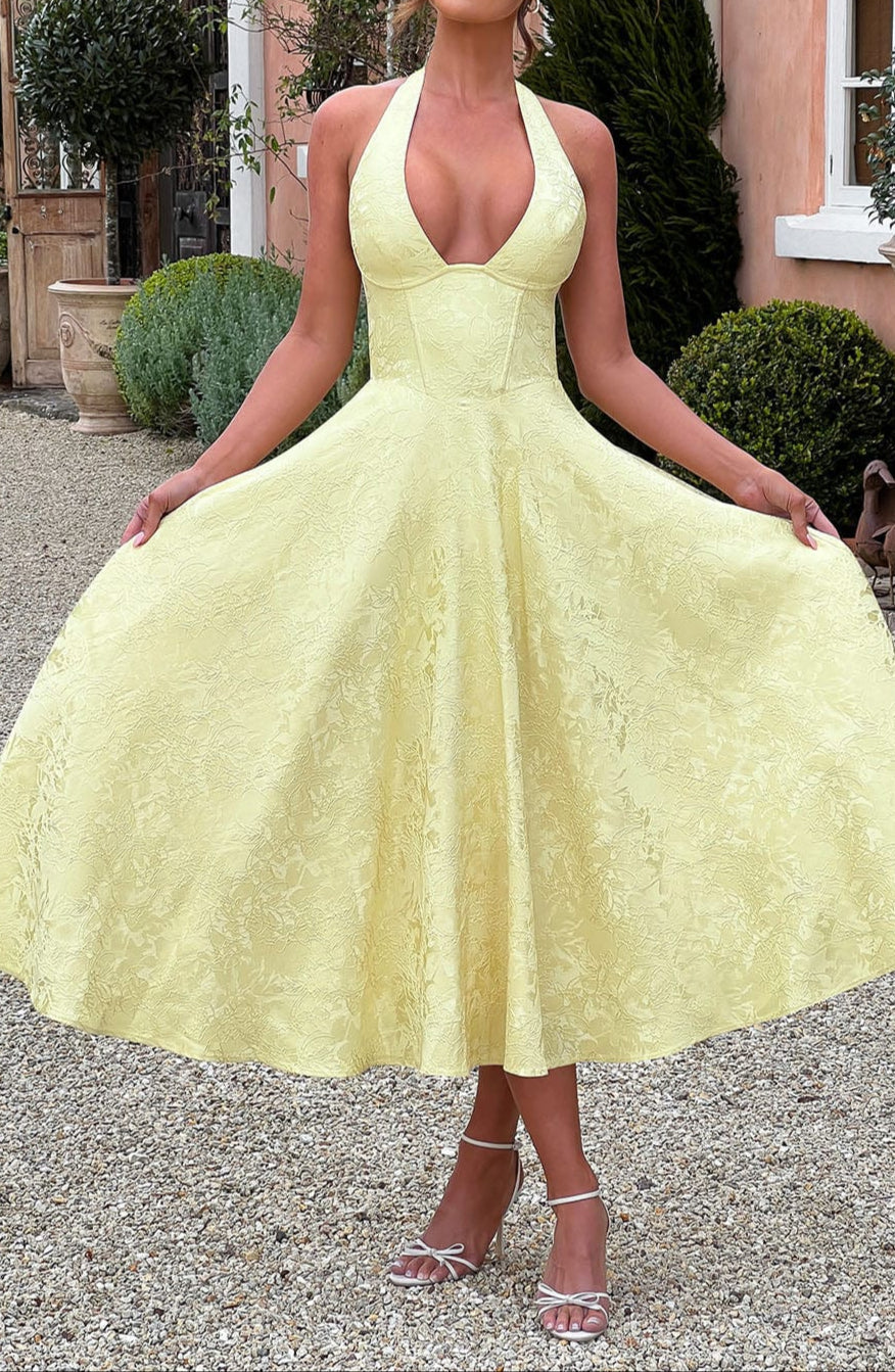 Triana | Robe Midi de Mariage Jaune Tendance Élégante