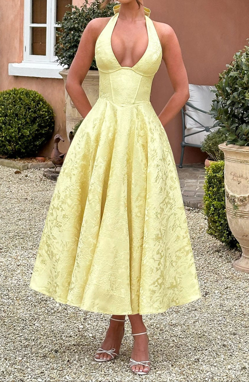 Triana | Robe Midi de Mariage Jaune Tendance Élégante