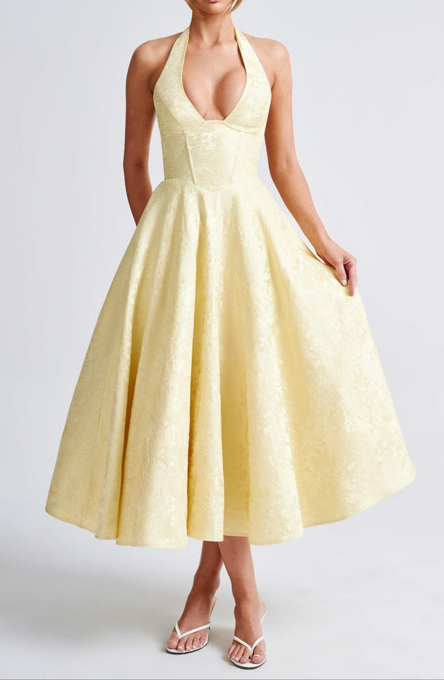 Triana | Robe Midi de Mariage Jaune Tendance Élégante