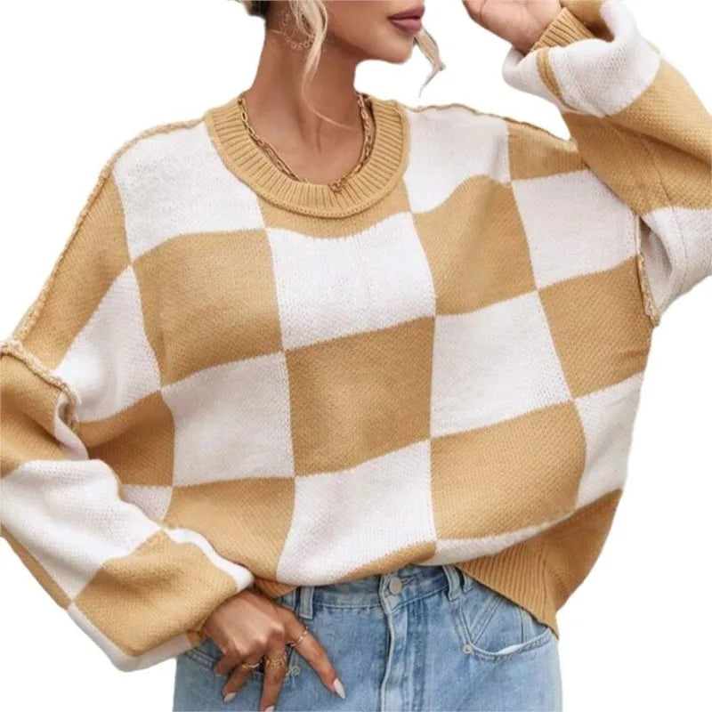 Camille | Pull en Tricot Damier Tendance Printanier