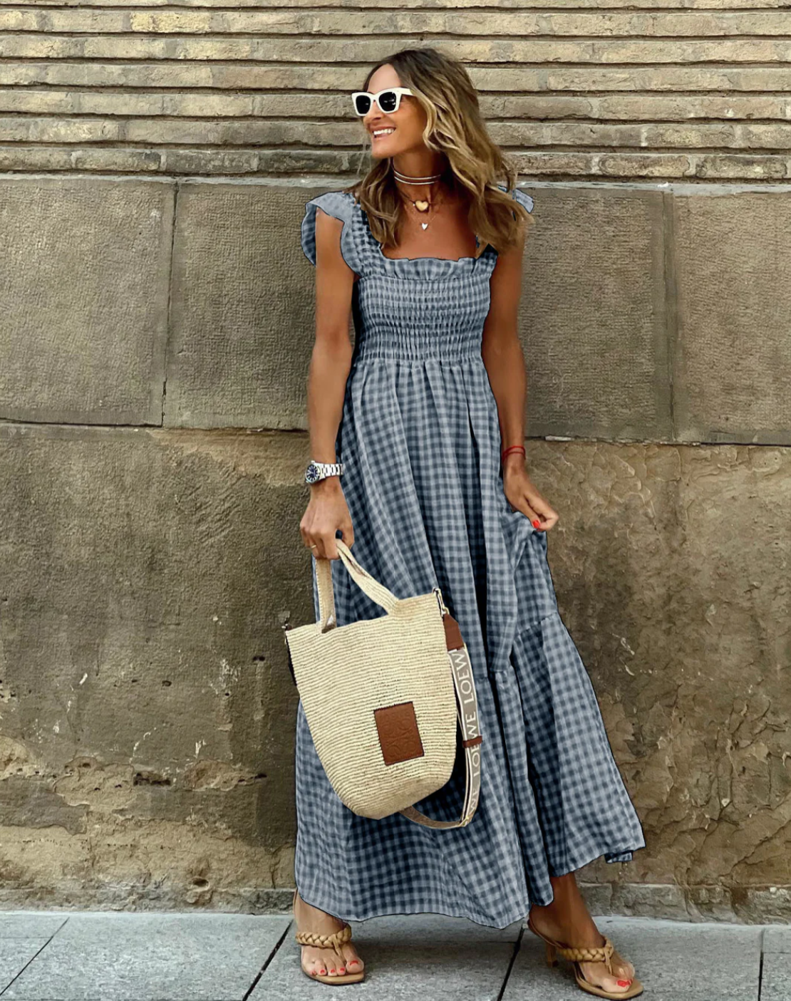 Claire | Robe Maxi à Carreaux Chic Printanier