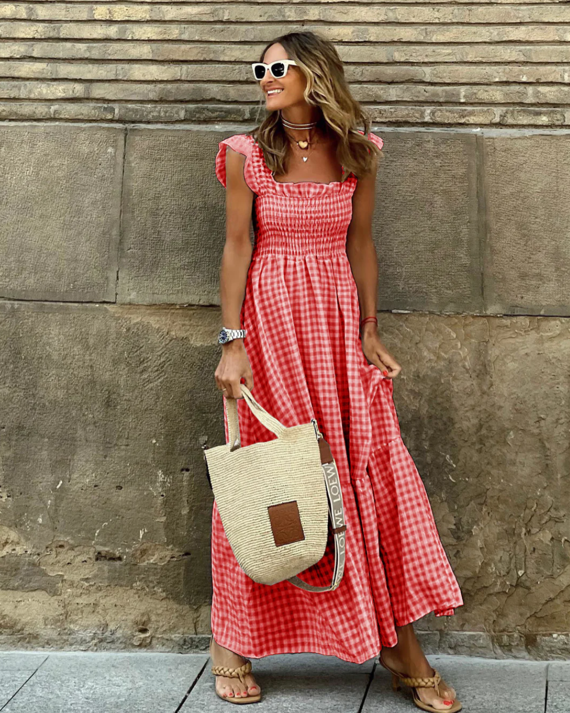Claire | Robe Maxi à Carreaux Chic Printanier
