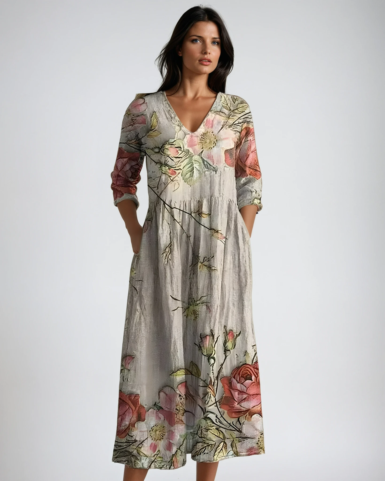 Claire | Robe Maxi Fleurie Col V Tendance Élégant