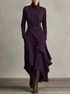 Robe longue asymétrique à col haut et plissé violet (collier non inclus)