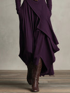 Robe longue asymétrique à col haut et plissé violet (collier non inclus)