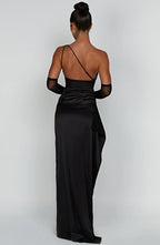 Auriane - Robe Satinée Plissée Avec Fente Et Épaule Asymétrique