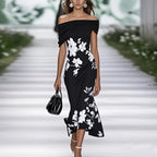 Noémie - Robe Midi Femme Fleurie Épaules Dénudées