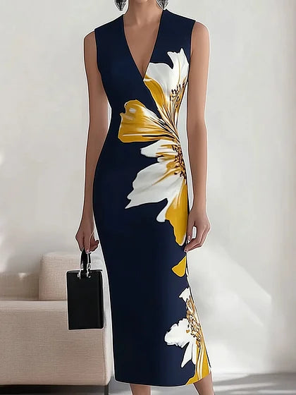 Robe Midi Femme Cintrée Fleurie - Sarah – Bleu