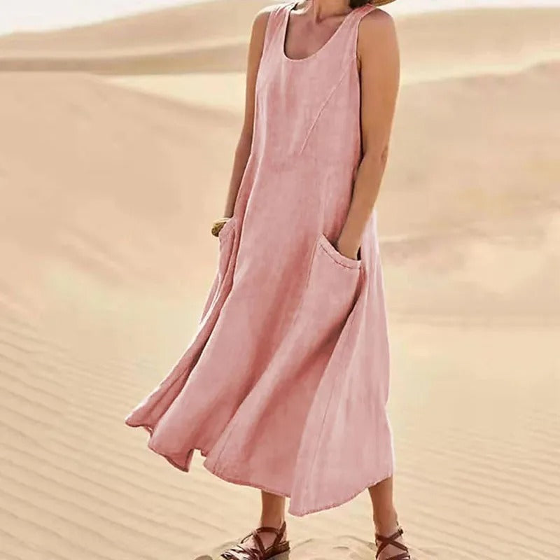 Agathe - Robe Lin Sans Manches Longue Femme – Rose