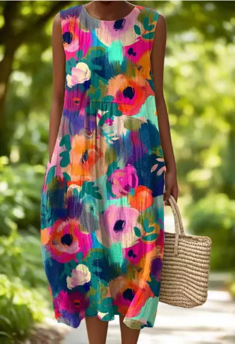 Martine - Robe en Lin Fleurie Sans Manches Femme – Multicolore