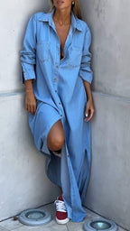 Sandrine - Robe Chemise en Jean Longue Chic – Bleu