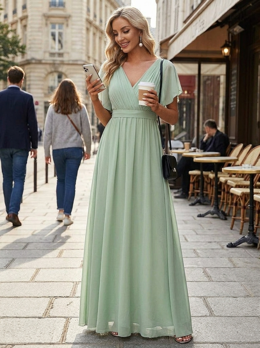 Robe Longue Femme En Mousseline À Volants - Eulalie – Vert