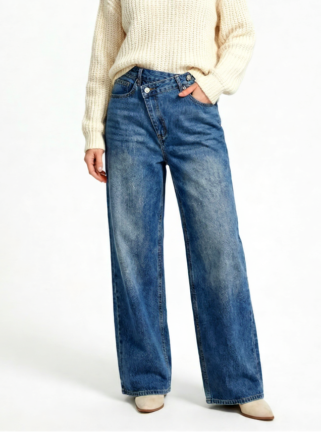 Jean Large Taille Asymétrique à Boutons Salia