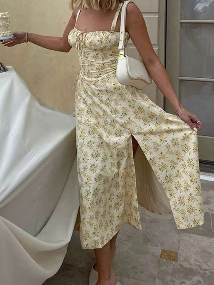 Camille | Robe Midi Florale Jaune Tendance Élégant