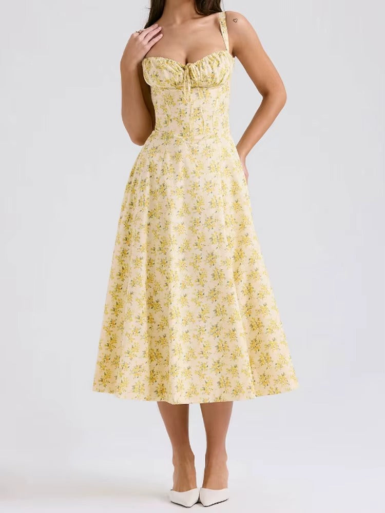 Camille | Robe Midi Florale Jaune Tendance Élégant
