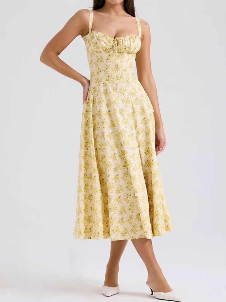 Camille | Robe Midi Florale Jaune Tendance Élégant