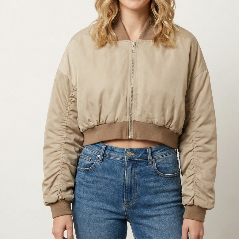 Veste Bomber Femme Courte à Manches Froncées