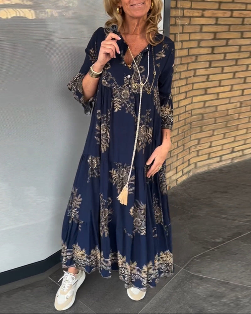 Véronique - Robe Longue Bohème Fleurie Femme – Bleu Marine