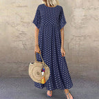 Monique - Robe Longue Femme à Pois Bohème – Bleu Marine
