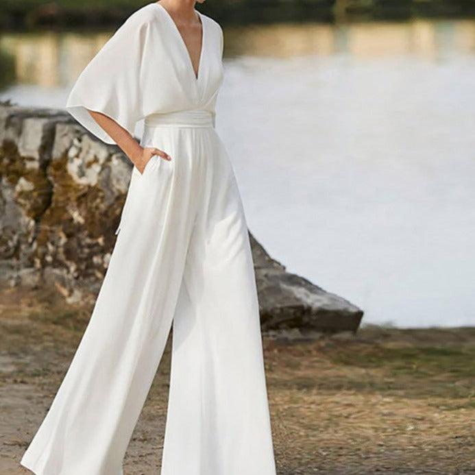 Béryl - Combinaison Midi À Col En V Et Jambes Larges – Blanc